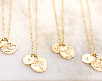 Personalized Gift For Her - Dainty Silver, Gold, or Rose Disc Necklace. Birth Flower Necklace + Initial, Unique Birthday Gift. Birthflower