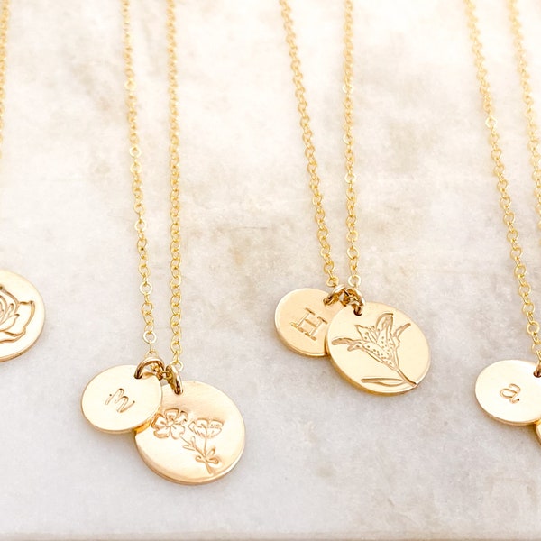 Personalized Gift For Her - Dainty Silver, Gold, or Rose Disc Necklace. Birth Flower Necklace + Initial, Unique Birthday Gift. Birthflower