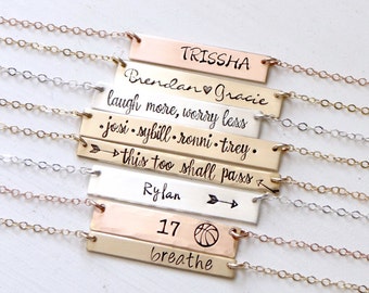Personalized Name Bar Necklace. Hand Stamped Custom Jewelry with Your Names, Monogram or Words of Choice. REAL Gold, Silver, Rose.