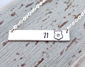 Personalized Police Badge Bar Necklace - Shield and Badge Number. Police Wife, Law Enforcement Jewelry.