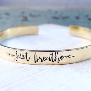 Just Breathe Arrow Gold Cuff Bracelet. Personalized, Inspirational Motivational Encouraging Gift. Rose Gold, Gold, Brass, or Silver image 1