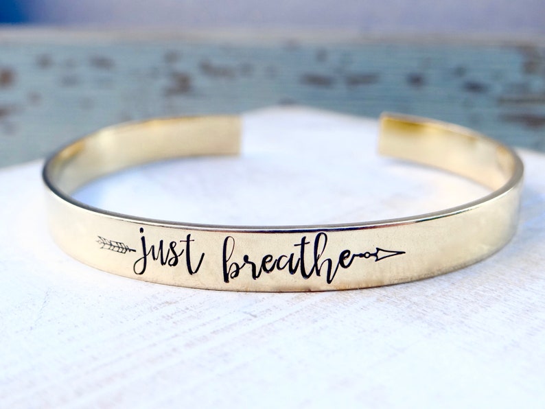 Just Breathe Arrow Gold Cuff Bracelet. Personalized, Inspirational Motivational Encouraging Gift. Rose Gold, Gold, Brass, or Silver image 1