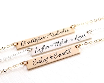 Personalized Name Script Bar Necklace, Custom Mothers Necklace, Nameplate Necklace, Gold Initial Necklace, Gold Filled, Rose Gold, Sterling