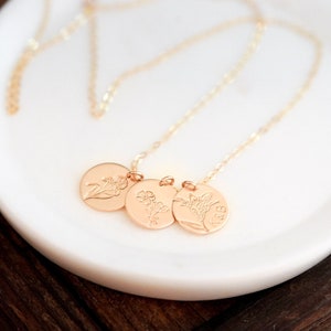 Dainty Silver, Gold, or Rose Disc Necklace. Birth Flower Necklace, Birthday Gift For Her. Minimalist Stamped Jewelry with Adjustable Chain. image 2