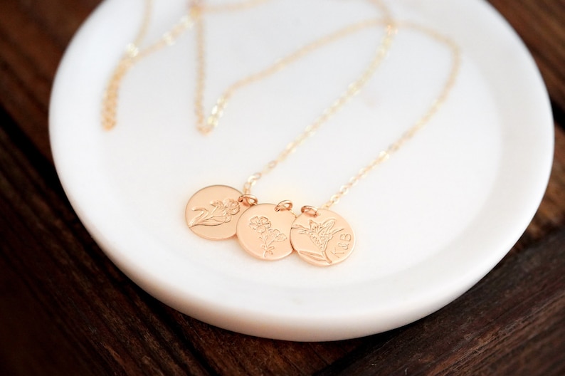 Dainty Silver, Gold, or Rose Disc Necklace. Birth Flower Necklace, Birthday Gift For Her. Minimalist Stamped Jewelry with Adjustable Chain. image 2