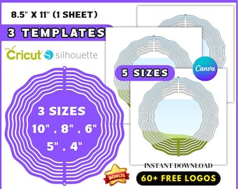 Könnte beinhalten: Eine digitale Windradvorlage mit dem Text "WIND SPINNER TEMPLATE". Die Vorlage enthält 3 Designs, 5 Größen und über 60 kostenlose Logos. Die Vorlage ist 21,6 cm x 27,9 cm groß und enthält Größen von 10,2 cm, 12,7 cm, 15,2 cm, 20,3 cm und 25,4 cm.