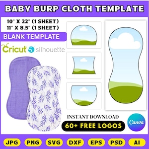 May include: A baby burp cloth template with the text "BABY BURP CLOTH TEMPLATE". The image includes two burp cloths, one solid purple and one white with blue leaf patterns. The template includes the text "10" X 56 cm (1 SHEET)" and "28 cm X 22 cm (1 SHEET)".