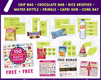 7 Party Favor Template Bundle, Chip Bag Template, Water Bottle Labels, Pringles Template, Chocolate Bar,  Party Favor , SVG , Canva Editable