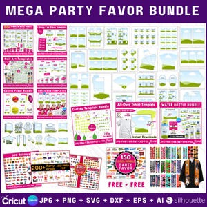 May include: A purple banner with the text "MEGA PARTY FAVOR BUNDLE" at the top. The image displays various digital templates for party favors, including tumblers, nail art, sports panels, and stickers. The image also includes the text "FREE + FREE".