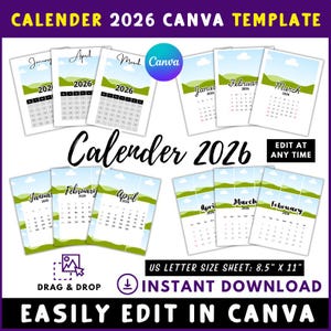 Könnte beinhalten: Eine Canva-Vorlage für einen Kalender 2026. Das Design zeigt monatliche Kalenderseiten mit Landschaftsbildern und dem Jahr 2026. Der Text enthält "Kalender 2026", "Jederzeit bearbeiten" und "Sofort-Download". Das Blattformat ist 21,6 cm x 27,9 cm.