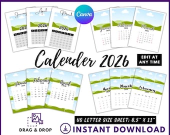 2026 Calendar Canva Templates, 2026 Calendar Template with Photos Frames, Custom Photo Calendar, 2026 Calendar Template, Canva Drag and Drop