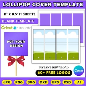 Può includere: Un modello di copertina per lecca lecca con il testo "LOLLIPOP COVER TEMPLATE" e "11" X 8.5" (1 SHEET)". Il design include un modello vuoto con un quadrato viola e un fiocco rosso. L'immagine include anche il testo "INSTANT DOWNLOAD" e "60+ FREE LOGOS".