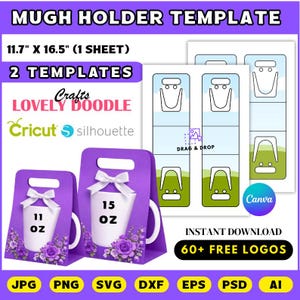 以下が含まれることがあります： 「MUGH HOLDER TEMPLATE」と「11.7インチ X 16.5インチ (1シート)」のテキストが入った紫色のマグホルダーテンプレート。デザインには2つのテンプレート、白いリボン、花のアクセントが含まれています。画像には「2 TEMPLATES」、「11 OZ」、「15 OZ」、「60+ FREE LOGOS」の文字も含まれています。サイズは29.7 cm x 41.9 cmです。