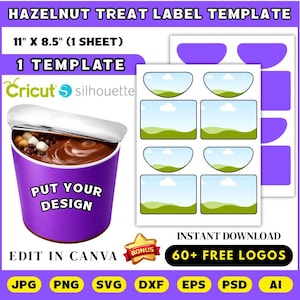 May include: A purple label template for hazelnut treats, featuring a cup of chocolate with marshmallows. The design includes a sheet of labels, with the text "PUT YOUR DESIGN" and "EDIT IN CANVA". The template is 11" x 8.5" and includes 60+ free logos.