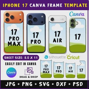 May include: An iPhone 17 Canva frame template with four phone case designs. The cases are orange, navy blue, white, and green. Each case has a landscape design with the number 17 and the phone model name. The sheet size is 8.5 x 11 inches.