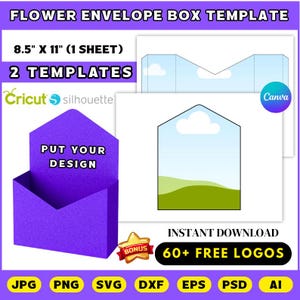 May include: A purple flower envelope box template with the text "PUT YOUR DESIGN". The image includes two templates, one with a blue sky and green landscape. The text reads "8.5" x 11" (1 SHEET)" and "60+ FREE LOGOS".