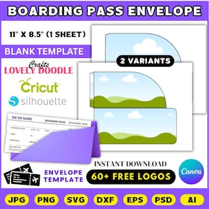 May include: A purple boarding pass envelope template with two design variants. The template is 11" x 8.5" and includes a blank template design. The image also includes the text "Instant Download" and "60+ Free Logos".