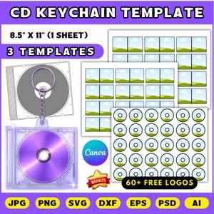 Może przedstawiać: Cyfrowy szablon do breloków CD, z fioletową płytą CD w przezroczystym etui, brelokiem i wieloma szablonami projektów. Obraz zawiera tekst "CD KEYCHAIN TEMPLATE", "8.5" X 11" (1 SHEET)", "3 TEMPLATES", "60+ FREE LOGOS" oraz ikony typów plików.