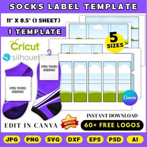 May include: A template for sock labels, featuring a purple and black sock design with a white label. The image includes the text "SOCKS LABEL TEMPLATE", "11" x 8.5" (1 SHEET)", and "EDIT IN CANVA". It also highlights "5 SIZES" and "60+ FREE LOGOS".