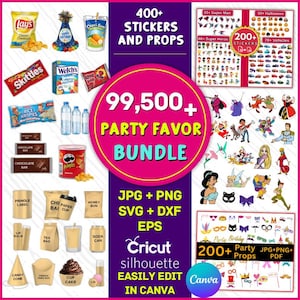 Può includere: Una grafica vivace che promuove un pacchetto di bomboniere. L'immagine mostra vari snack, bevande e oggetti di scena per feste, tra cui patatine, caramelle e adesivi. Il testo evidenzia le caratteristiche del pacchetto: 99.500+ articoli, formati JPG, PNG, SVG, DXF, EPS e facile modifica in Canva.