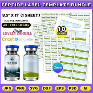 May include: A digital peptide label template bundle featuring 8.5 inch by 11 inch sheets with 10 sizes of rectangular labels. Includes two glass vials with silver caps, one labeled with a forest graphic and text, and one with a cloud and hill graphic.