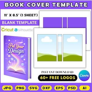 May include: A book cover template with a pink book mockup and a design layout. The template includes a front cover, spine, and back cover design, with the text "YOUR DESIGN". The template is 21.6cm x 27.9cm and the book is 10.4cm x 14.7cm x 2.3cm.