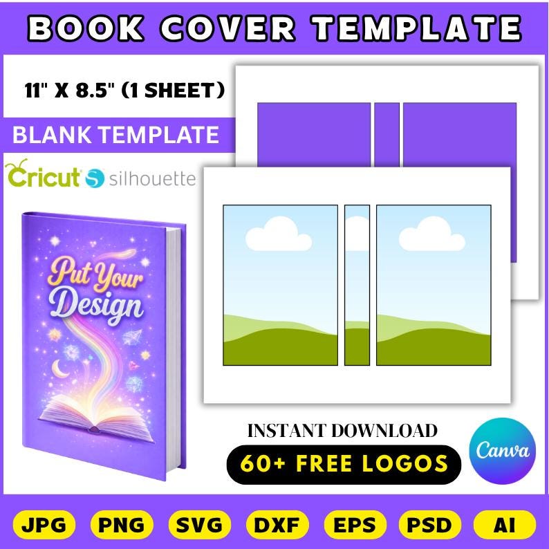 May include: A book cover template with a pink book mockup and a design layout. The template includes a front cover, spine, and back cover design, with the text "YOUR DESIGN". The template is 21.6cm x 27.9cm and the book is 10.4cm x 14.7cm x 2.3cm.