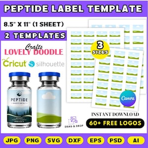 May include: A digital peptide label template set featuring two glass vials with blue caps, one labeled with a mountain forest graphic and text, and the other with a landscape graphic. Includes 8.5 inch by 11 inch sheets with 3 sizes of labels, compatible with Cricut, Silhouette, and Canva, with 60 plus free logos.