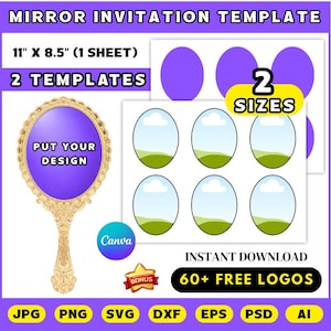 以下が含まれることがあります： 「MIRROR INVITATION TEMPLATE」と「11インチ X 8.5インチ (1 SHEET)」のテキストが入ったミラー招待状テンプレート。 デザインには、手鏡、楕円形のテンプレート、「2 SIZES」と「60+ FREE LOGOS」のテキストが含まれています。