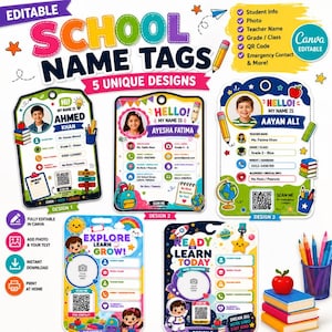 Puede incluir: Un conjunto de cinco etiquetas escolares editables con ilustraciones coloridas, espacios para fotos de estudiantes y campos para información de contacto, grado y nombre del maestro, incluyendo iconos, códigos QR y texto.