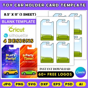 Könnte beinhalten: Vorlage für Spielzeugauto-Halterkarten, 21,59 cm x 27,94 cm, mit vier Designs. Das Design enthält die Texte „Let's Party!“ und „Party Time!“ mit Bildern von Spielzeugautos. Kompatibel mit Cricut- und Silhouette-Maschinen.
