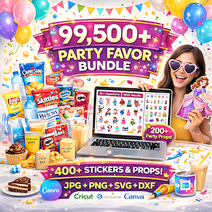 May include: A vibrant party favor bundle graphic with the text "99,500+ PARTY FAVOR BUNDLE". The image includes snacks, drinks, a laptop displaying graphics, and a woman holding a princess cutout. Additional text includes "400+ STICKERS & PROPS!" and "JPG + PNG + SVG + DXF".