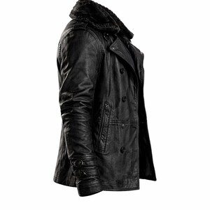 May include: Black leather jacket with a faux fur collar. The jacket features a double-breasted design with multiple buttons, a tailored fit, and a textured appearance. The sleeves have buttoned cuffs.