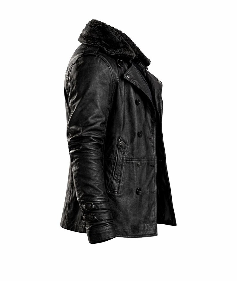 May include: Black leather jacket with a faux fur collar. The jacket features a double-breasted design with multiple buttons, a tailored fit, and a textured appearance. The sleeves have buttoned cuffs.
