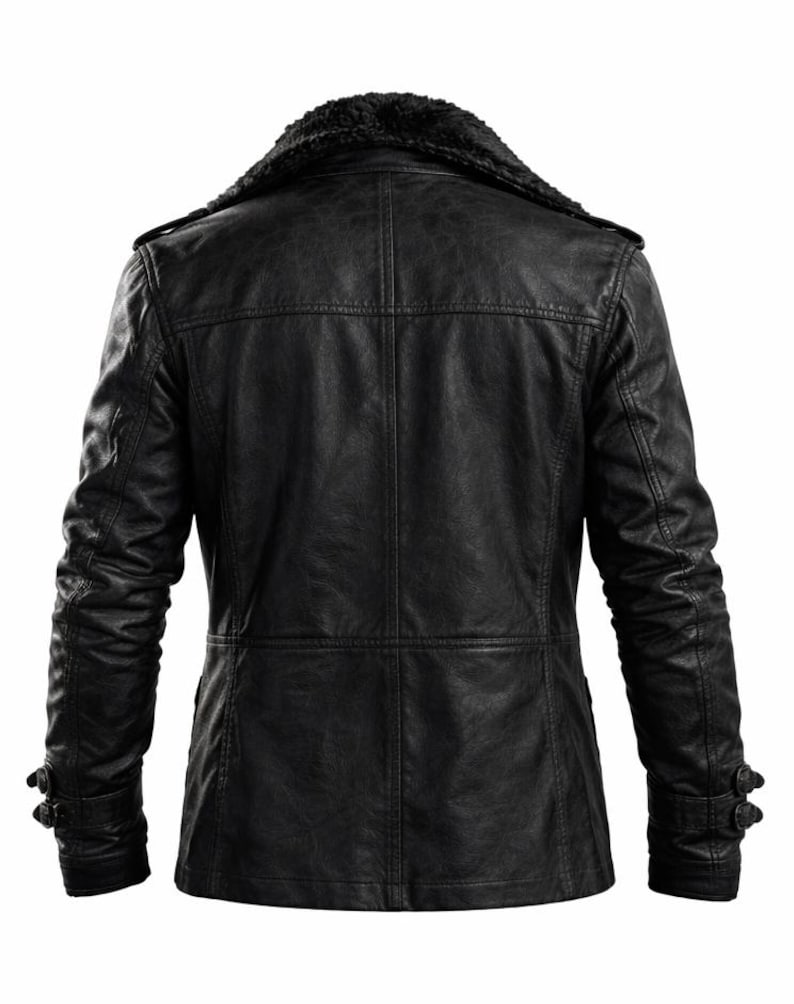 May include: Black leather jacket with a faux fur collar. The jacket has a classic design with a button closure and two side pockets. The sleeves are long and have buttoned cuffs. The jacket is made of a durable material and is suitable for cold weather.