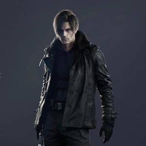 May include: A black leather jacket with a fur collar. The jacket has a double-breasted design with large buttons and a belt. The sleeves have straps with buckles. The person is wearing black gloves and pants.