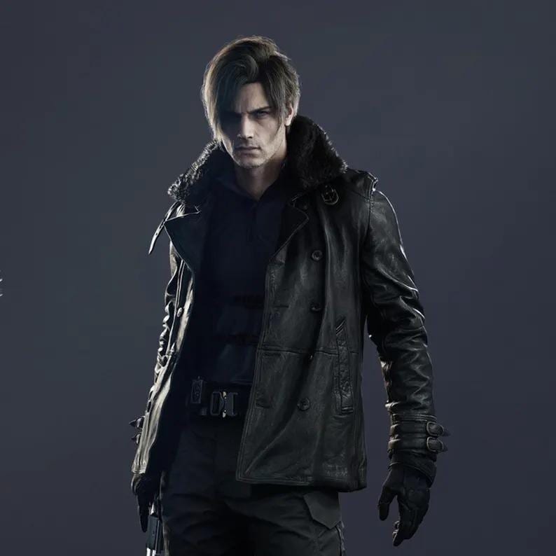 May include: A black leather jacket with a fur collar. The jacket has a double-breasted design with large buttons and a belt. The sleeves have straps with buckles. The person is wearing black gloves and pants.