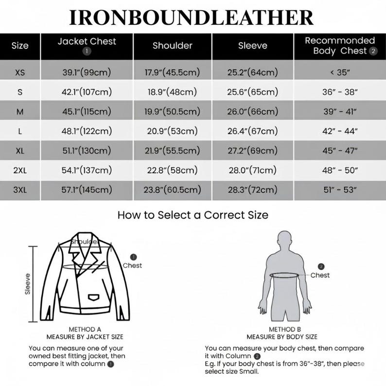 May include: A size chart from Ironbound Leather, detailing jacket chest, shoulder, and sleeve measurements in inches and centimeters. Includes a guide on how to select the correct size, using either jacket or body measurements.