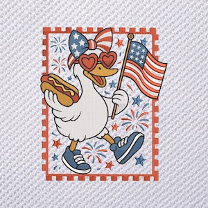 4 juli Duck Emb-ontwerpen, patriottische eend met geborduurde hotdog en Amerikaanse vlag, borduurwerk Independence Day, borduurwerk in 6 maten, borduurwerk in 6 maten