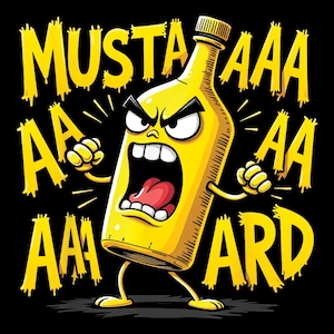 以下が含まれることがあります： 黒い背景に、黄色いマスタードのボトルが怒った顔、腕、脚で「MUSTAAAARD」という言葉を黄色い滴る文字で叫んでいる漫画のイラスト。