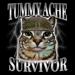 May include: A tabby cat wearing a camouflage bandana with the text "TUMMY ACHESURVIVOR" in silver letters on a black background with lightning bolts.