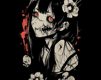 Op de afbeelding: Illustratie van een zombie-meisje met zwart haar, rode ogen en een gebarsten gezicht dat scherpe tanden onthult. Het kunstwerk bevat rode bloedspetters en witte bloemen tegen een zwarte achtergrond. Er zijn ook schedels aanwezig.