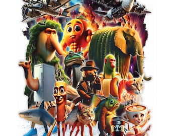 May include: A vibrant, surreal collage featuring anthropomorphic animals and objects. Includes a camel with a refrigerator, a shark in sneakers, a cat-fish hybrid, and a coffee cup ballerina. The background features airplanes and a fiery sky.