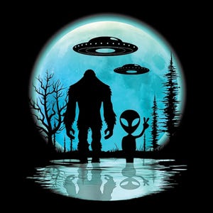 May include: Silhouette of Bigfoot and an alien standing in front of a full moon. The alien is giving the peace sign. Both figures are reflected in the water below.