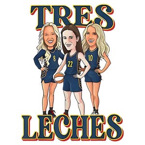 Puede incluir: Ilustración de dibujos animados de tres mujeres con uniformes de baloncesto azul marino con el texto "TRES LECHES" en amarillo y rojo. Las mujeres sostienen una pelota de baloncesto. Cada uniforme tiene un número diferente.