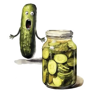 May include: An illustration of a cartoon pickle with arms and a surprised expression next to a jar of pickles. The jar is filled with sliced pickles in a clear brine, and has a metal lid.