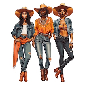 Black Western Cowgirl PNG, African American Women Clipart, Boho Rodeo Fashion, Denim & Boots Sublimation, Digital Download for Shirts Merch