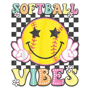 Softball Vibes PNG | Cute Retro Smiley Softball Design | Girl Sport Clipart | Digital Download Shirt Art | Peace Sign Sublimation