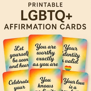 Cartões de Afirmação LGBTQ+ para Imprimir | 24 Cartões de Amor-Próprio 6 x 9 cm | Download Instantâneo | Citações Positivas do Orgulho Arco-Íris | Presente de Autocuidado