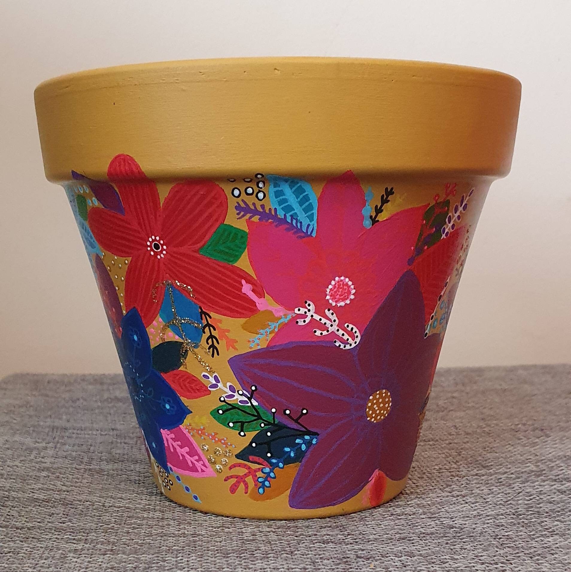 Mustard Floral Plant Pot Etsy UK